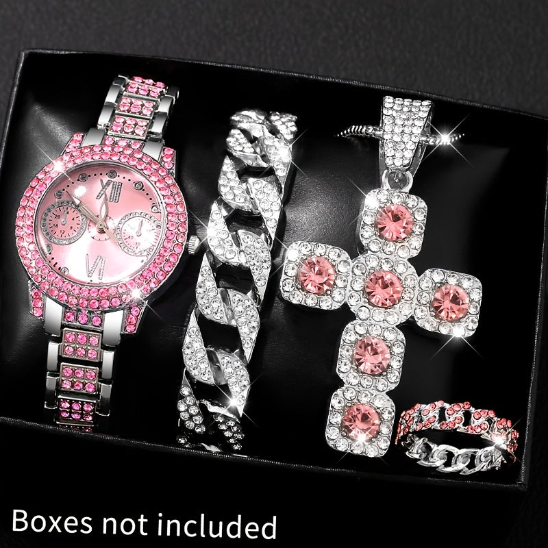 A Fashionable Holiday-style Pointer-type Ladies' Quartz Watch Set Of 4 Pieces, Exquisite And Shiny Ladies' Watch Set, 1 Watch + 3 Jewelry Set, Selected Ladies' Watch Set